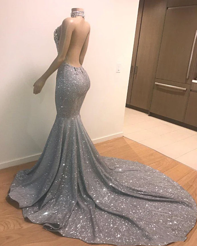 

2020 New Arrival Gradient Sequined Evening Dress V-Neck Sleeveless Simple Evening Gowns Long Party Perspective Bodice HB015