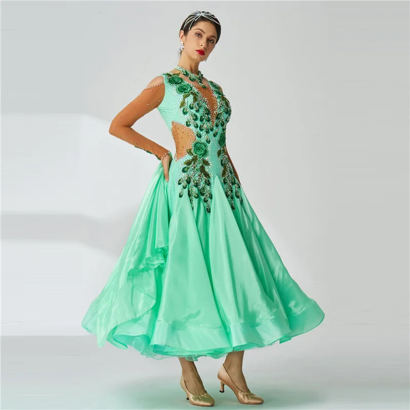 B-2015 Custom New Standard Ballroom Dance Dress Girls Modern Competition Ballroom Dresses Latin Dance With Pearl Silk For Women