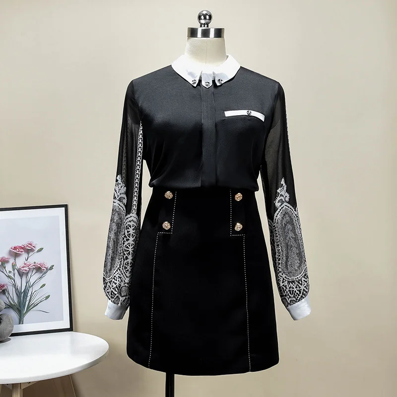 

Shirt Women 2021 Spring New Arrival Print Patchwork Chiffon Blouse Breif Elegant Long Sleeve Korean Black White Tops