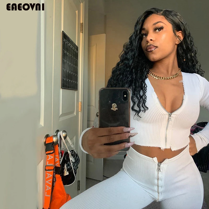 

2020 Autumn Winter Women Skinny Zipper Bodysuit Two Piece Set Long Sleeve Fashion Casual Suit Clothing Female Fitness Overalls