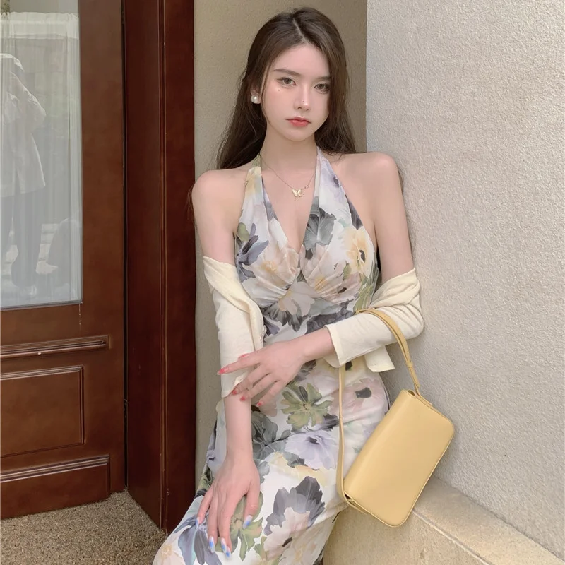 

Korean Vintage Style Folds Halter Floral Print Strapless Sleeveless Dress Aesthetic Clothes Dresses for Women Early Autumn New
