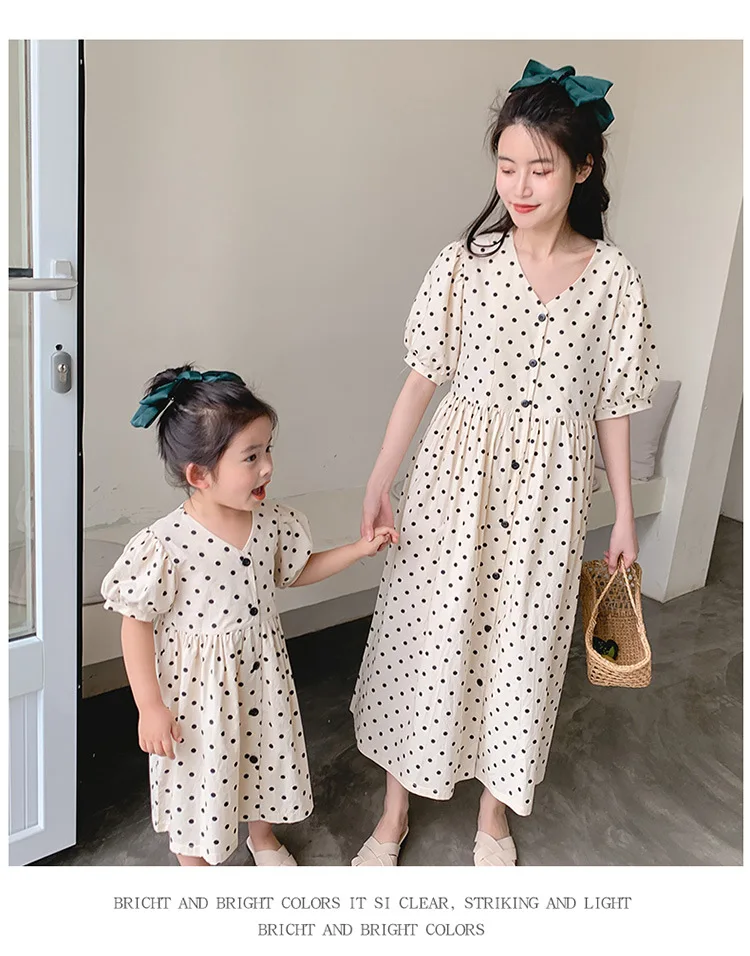 

Korean style summer dot print loosen short-sleeved cotton dresses for girls and women parent-child clothing