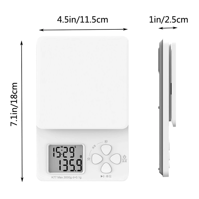 

Digital Hand Drip Coffee Scale Precision Sensors Weight with Timer Multifunction Measuring Tool Kitchen Food Scale,White