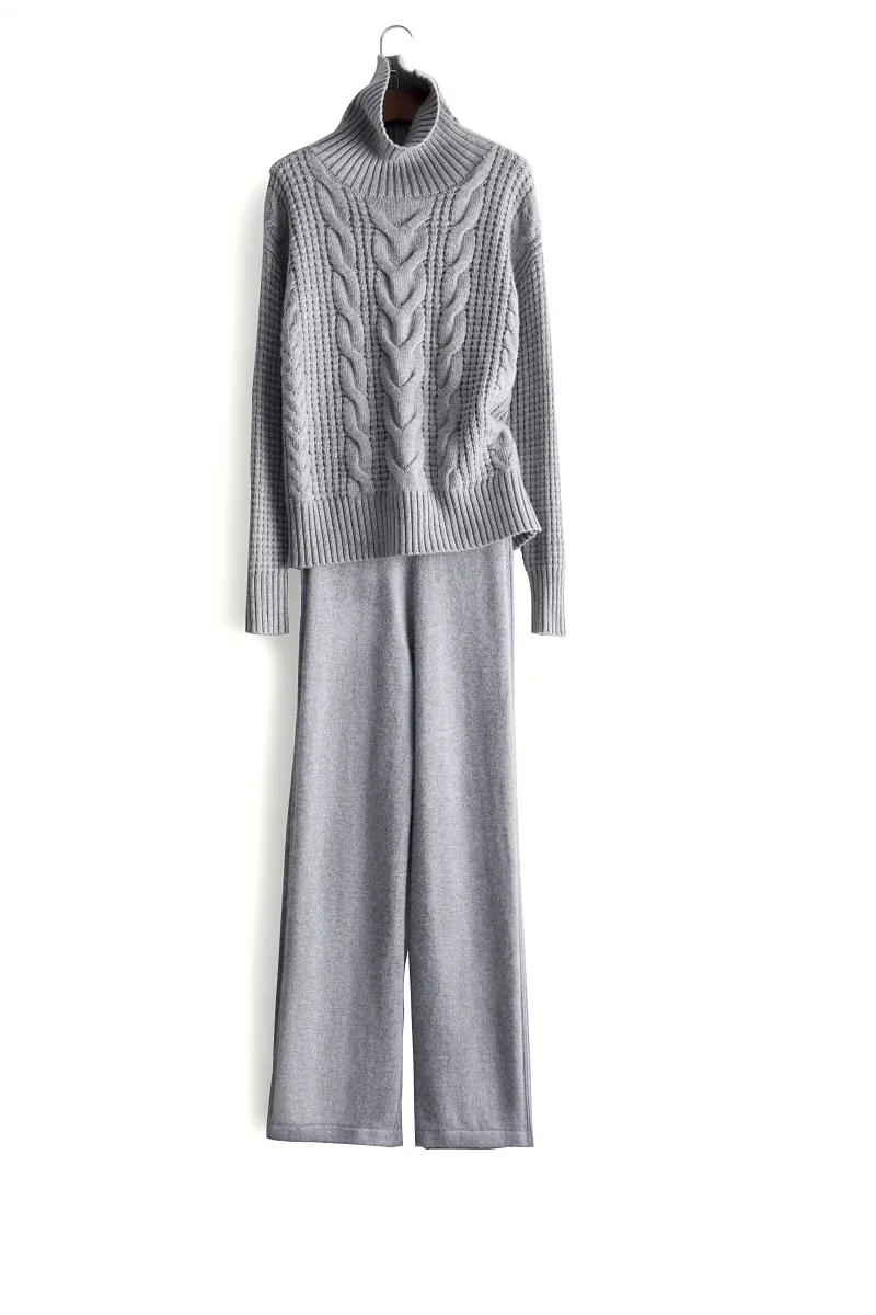 

2020 New Arrival Women Knit Suit 30% Wool 2 Piece Turtleneck Sweater And High Waist Wide Leg Pants 45% Cashmere + Two-piece