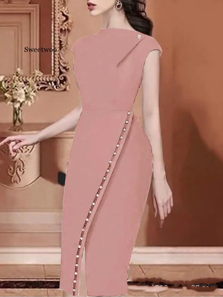

Women Elegant Button Beading Embellished Office Look Workwear Slit Party Dress Solid Slit Irregular Midi Dress