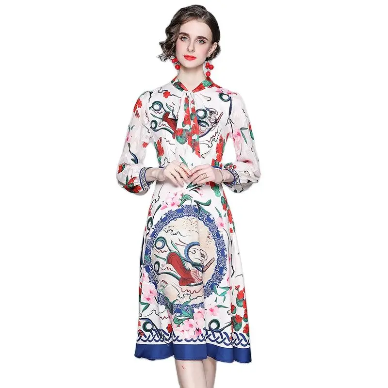 

Korean Fashion Lace Stand Collar Cut Flowers Dresses Kawaii Clothes Palace Princess Long Sleeves Slim for Women Casual Style Age
