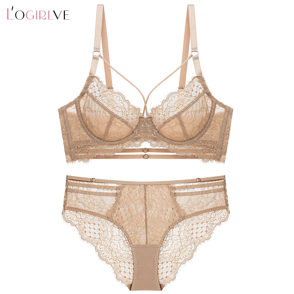 

Fashion Lace Brassiere Bandage Sexy Underwear Set Champagne Push Up Bra Set Women Lingerie Thick Embroidery Bras Deep V Gather