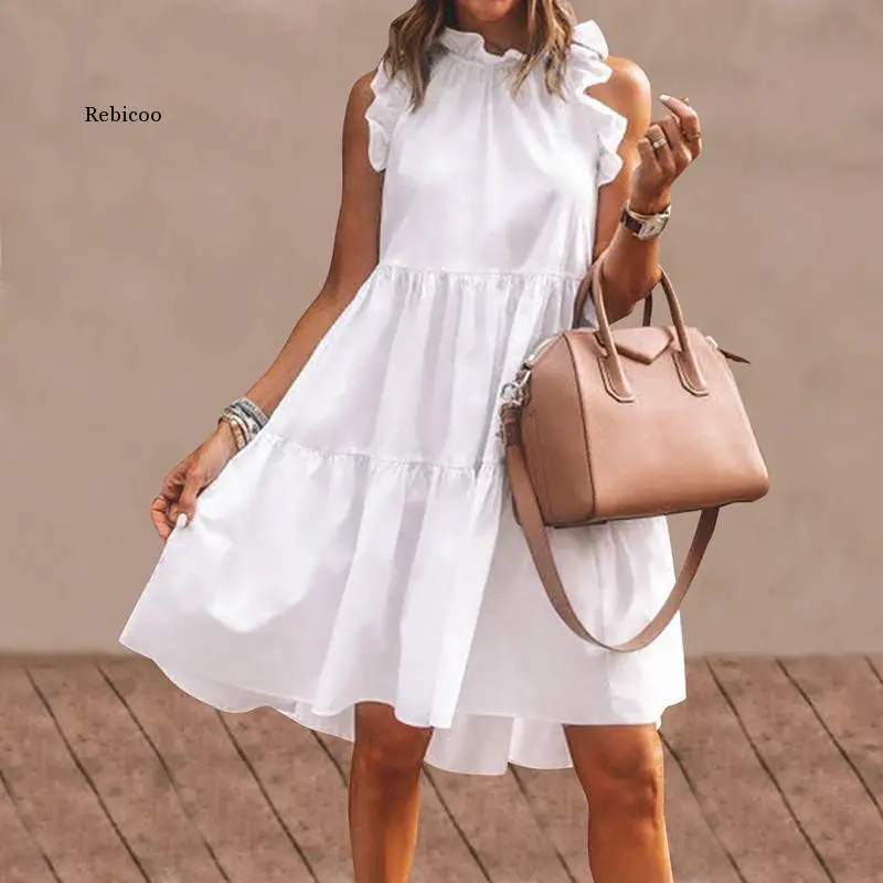 

Summer Women's Short Skirt Ladies Sexy Sleeveless Ruffle Dress 2021 Beach Vacation Sundress Bohemia