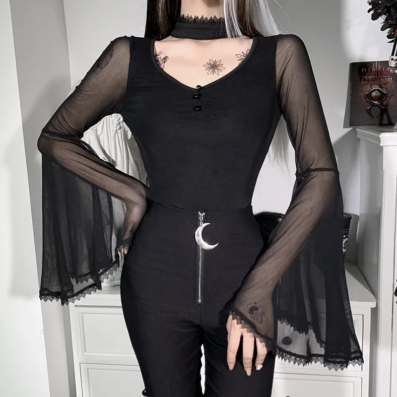

Women’s Casual Lace Trumpet Sleeve T-shirt Fashion Solid Color Perspective Back Zipper Cardigan