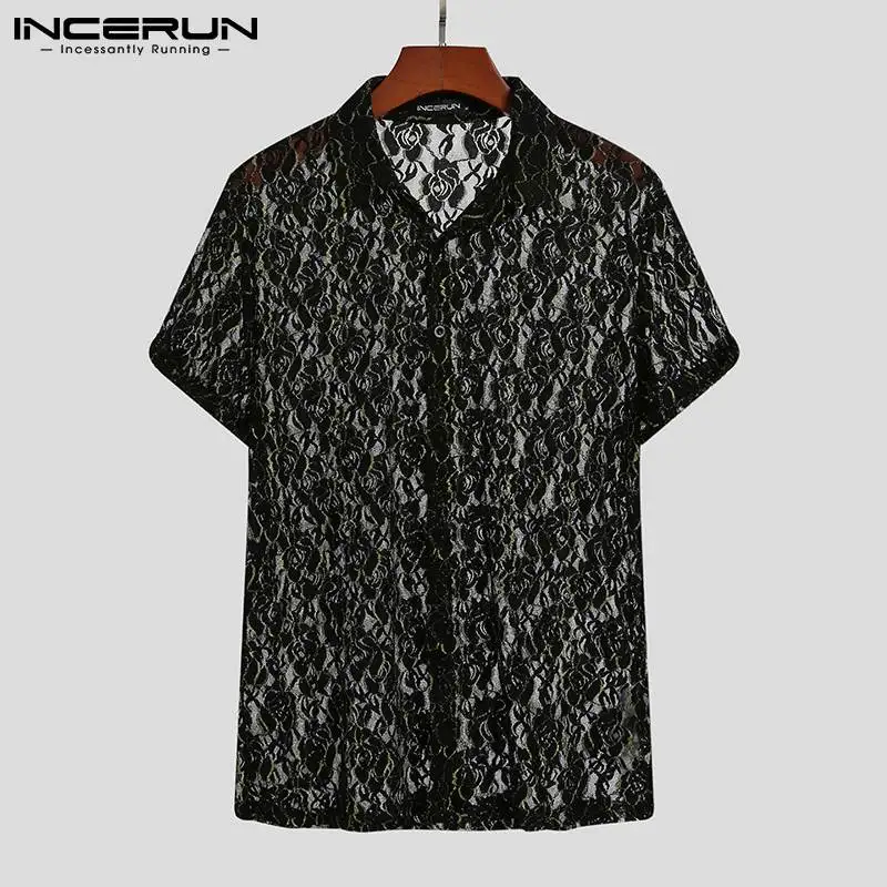 

INCERUN 2021 Men Mesh Shirt Lapel Short Sleeve Streetwear Casual Men Clothing See Through Printed Fashion Party Nightclub Camisa