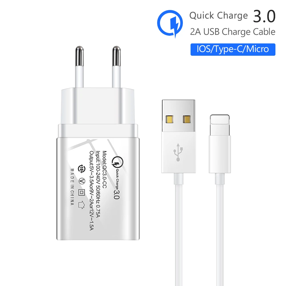 Fast Quick Charge 3.0 Single Usb Charger EU/US 5V/3.5A 9V/2A 12V/1.5A With Type C Charge Cable For Apple Iphone Huawei Samsung