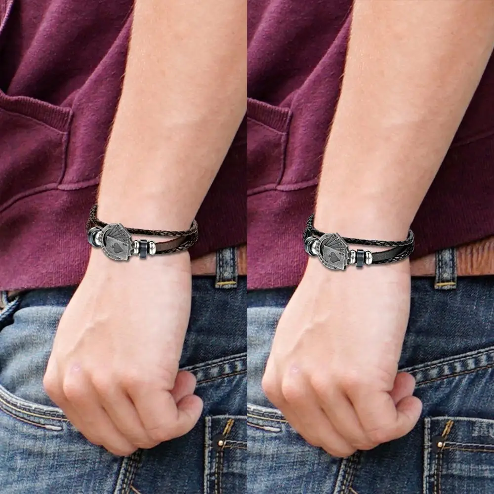 Мужской многослойный Плетеный браслет черный кожаный в винтажном стиле с