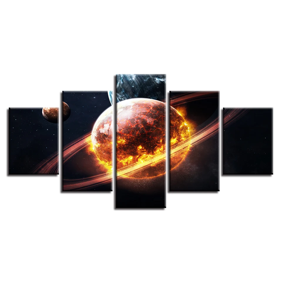 

Abstract Canvas Art Poster Style Wall Pictures For Living Room 5 Panel Flame Planet Cuadros Modern Decoration Paintings