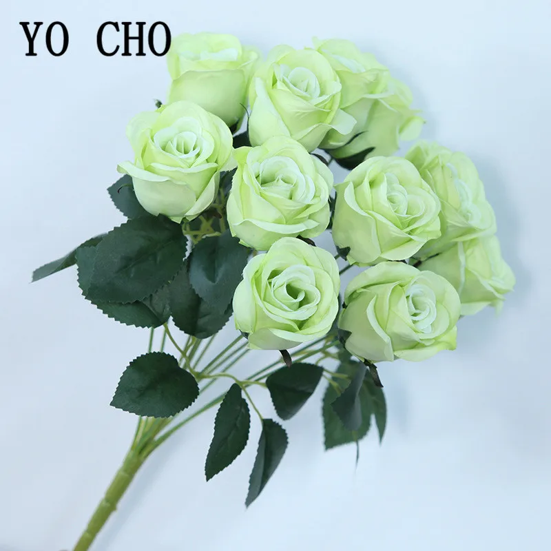 yo cho artificial flower bouquet 12 heads silk rose burgundy blue flower fake rose bunch wedding party home table decoration free global shipping