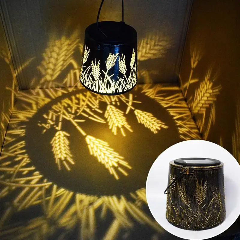 

LED Wrought Iron Lantern Solar Light Hollow Hanging Lamp LED Night Solar Garden Light with Stand Garden Decor
