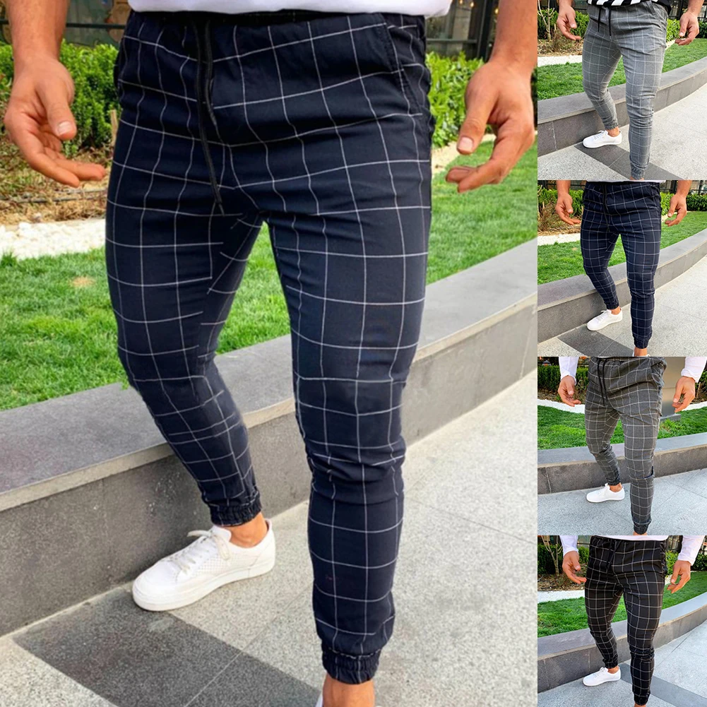 Pantalon chandal hombre Модные мужские эластичные повседневные узкие брюки в клетку с