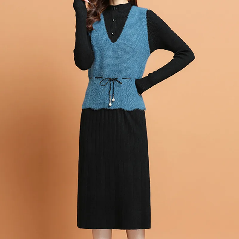 

Women Fashion Dress Sets 2021 Autumn Women's Knitted V-neck Sleeveless Trousers Sweater Women Solid Waist Down Knee-length Dress