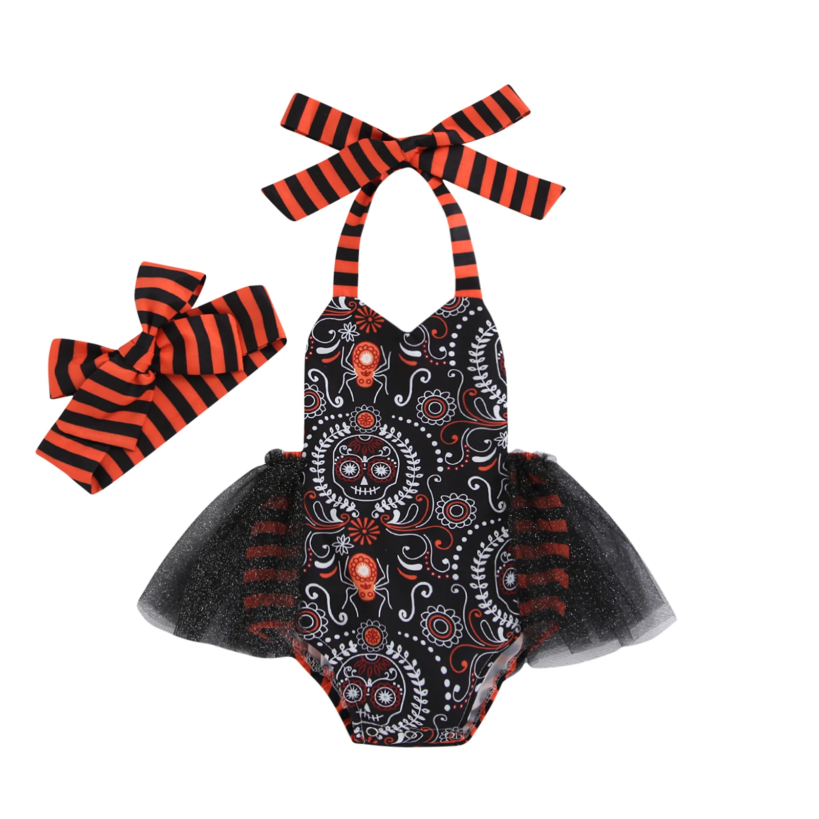 

OPPERIAYA Baby Girls Sleeveless Casual Bandage Halter Tulle Cotton Bodysuit Cute Halloween Print Bow Jumpsuits and Headband