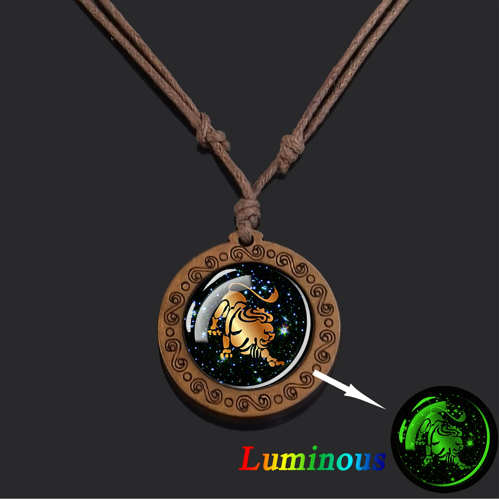 Esspos Astrology 12 Constellation Necklace Vintage Luminous Zodiac Signs Glass Cabochon Wooden Necklaces for Women Men Gift |