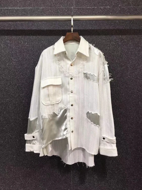 

2021 new women fashion lapel chain color matching decorative woolen long-sleeved irregular shirt 921