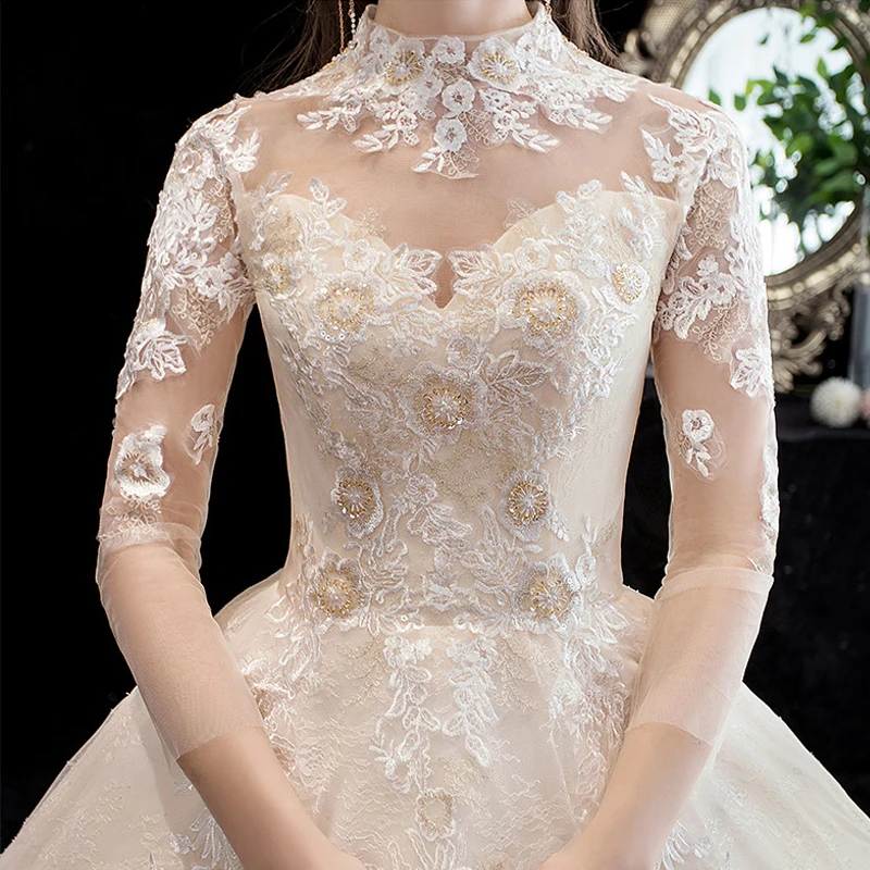 

Wedding Dresses Illusion High Half Tulle Pearls Sequined Embroidery Button Floor-Length Luxury Champagne Women Bride Gown GB223