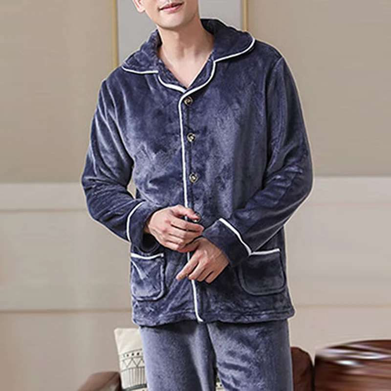 Autumn Winter Thick Warm Flannel Pajama Sets For Men Long Sleeve Coral Velvet Sleepwear Suit Loungewear Homewear Home Clothes