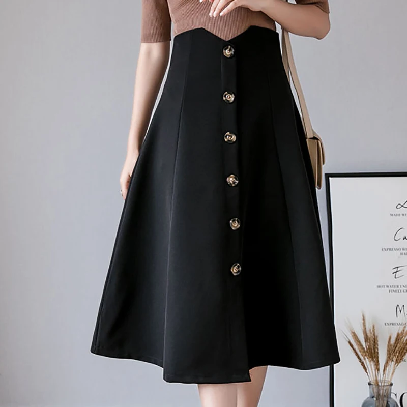 Button A-Line Skirt Womens Elegant Office Skirts 2021 Korean Fashion High Waist Female Solid Big Swing Loose Midi Skirt Falda