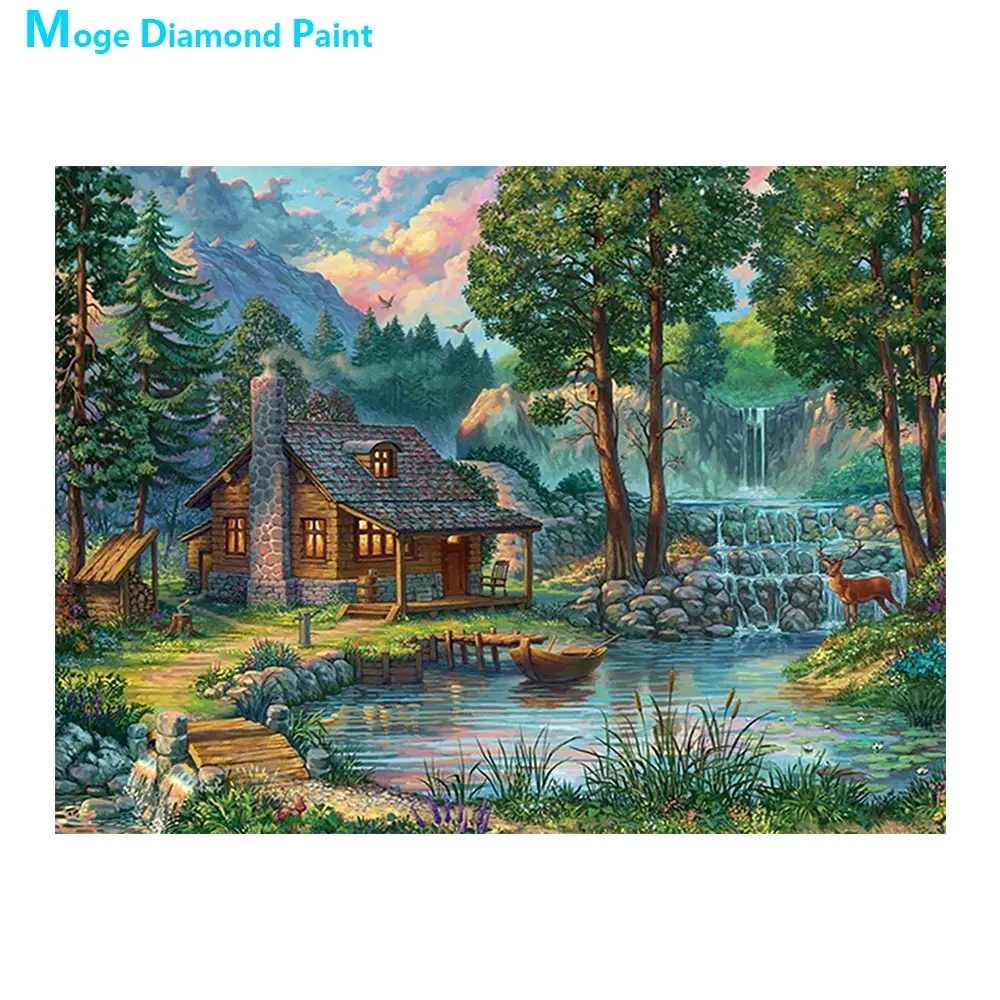Сельская местность озера деревянный дом лодка Алмазная картина живописный