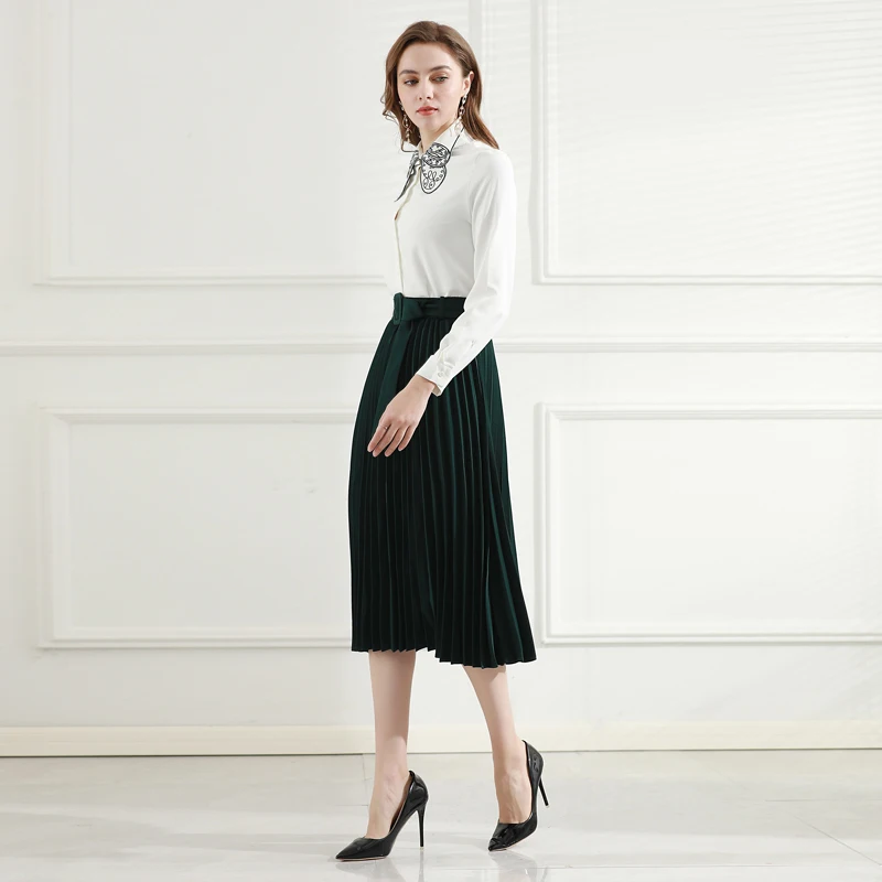 

Designer Women Sets Spring Autumn New Embroidered Patchwork White Long-Sleeved Shirt Pleated Skirt Office Casual Two-Piece Suit