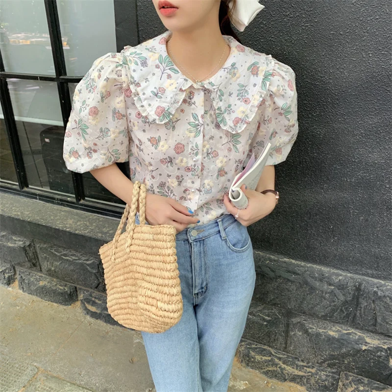 

Summer Lace Peter Pan Collar Florals Chic 2021 Femme Embroidery Printing Shirts Casual All Match Sweet Loose Blouses