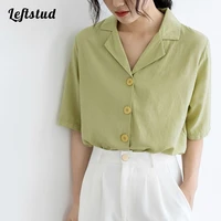 suit collar short sleeved shirt 2022 spring and summer new fashion cotton and linen pure color simple college style casual top