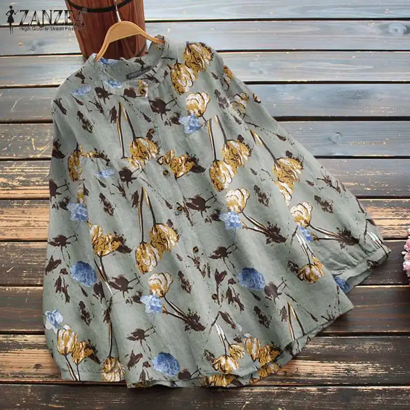 

O-Neck Floral printed Chemise ZANZEA Autumn Women's Puff Sleeve Blouse Bohemian Stylish Casual Elegant Loose Work Tops 2021