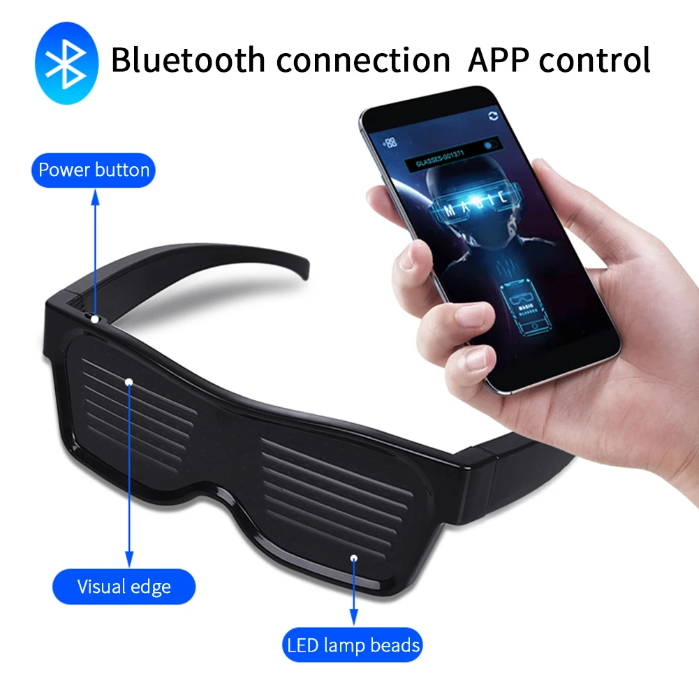 Волшебные Bluetooth светодиодные очки для вечеринок, управление через приложение, светящиеся очки, зарядка через USB, управление через приложение «сделай сам», многоязычная быстрая светодиодная вспышка