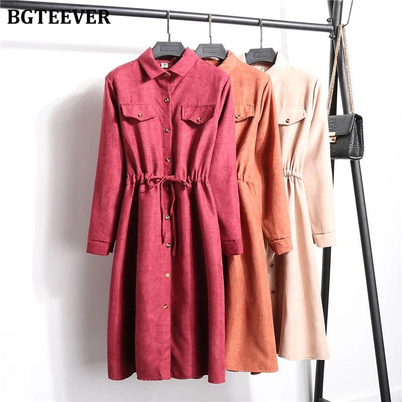 BGTEEVER винтажное вельветовое платье с отложным воротником женское однобортное