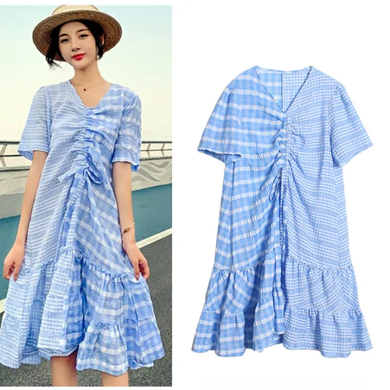 

New Summer Woman Plaid Lovely Dress Loose Casual Holiday Spliced Vestidos Fashion Ladies Party Dress Robe Femme SY164