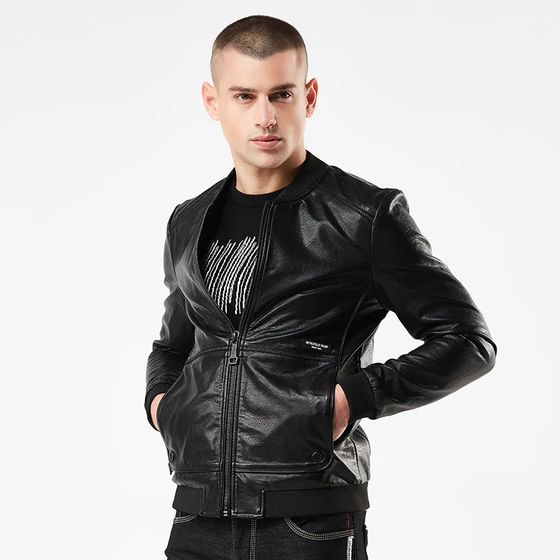 Куртка мужская из ПУ кожи приталенный Бомбер короткая байкерская куртка с
