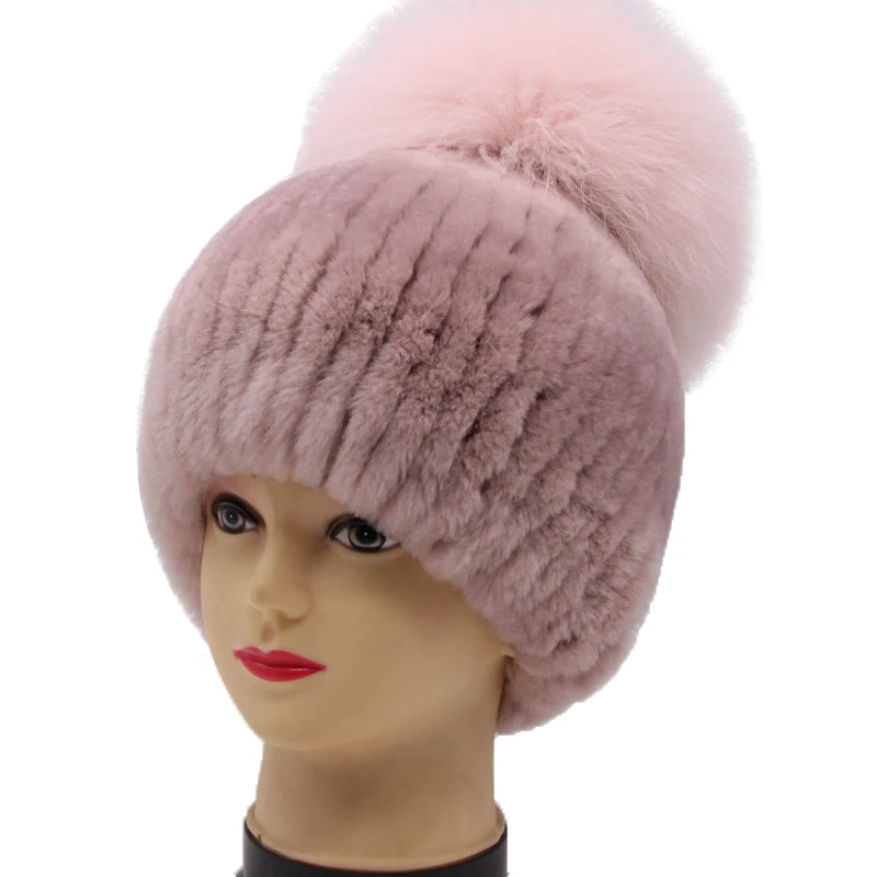 E Rex rabbit fur hat female winter fox fur ball thick warm knitted earmuff wool cap - Цвет: E