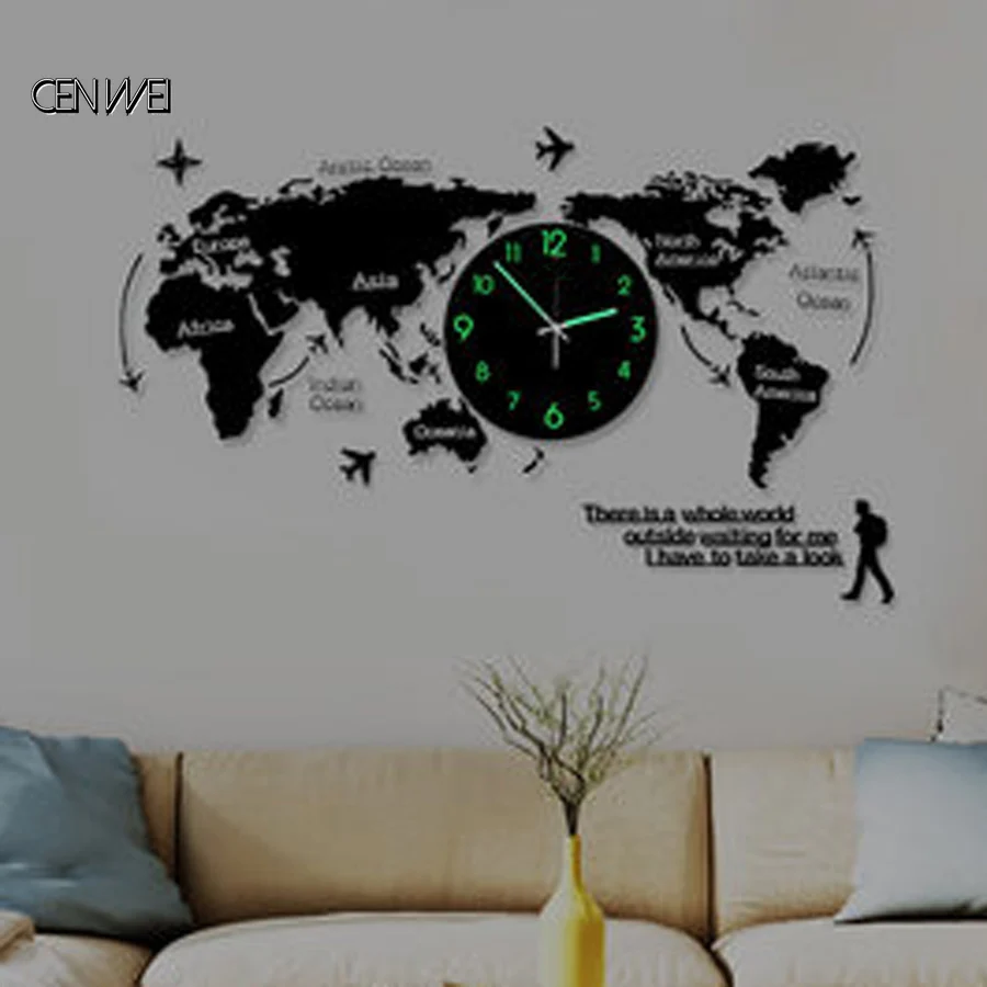 World Map Wall Clock Luminous Modern Design for Living Room Glow in Dark Large Acrylic Sticker Watch Home Decor | Дом и сад
