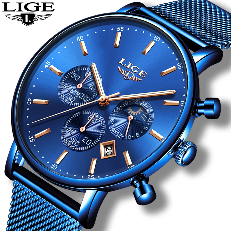 

LIGE 2020 Blue Fashion Mens Watches Top Brand Luxury Quartz Watch Men Thin Dial All Steel Mesh Belt Clock Waterproof Chronograph