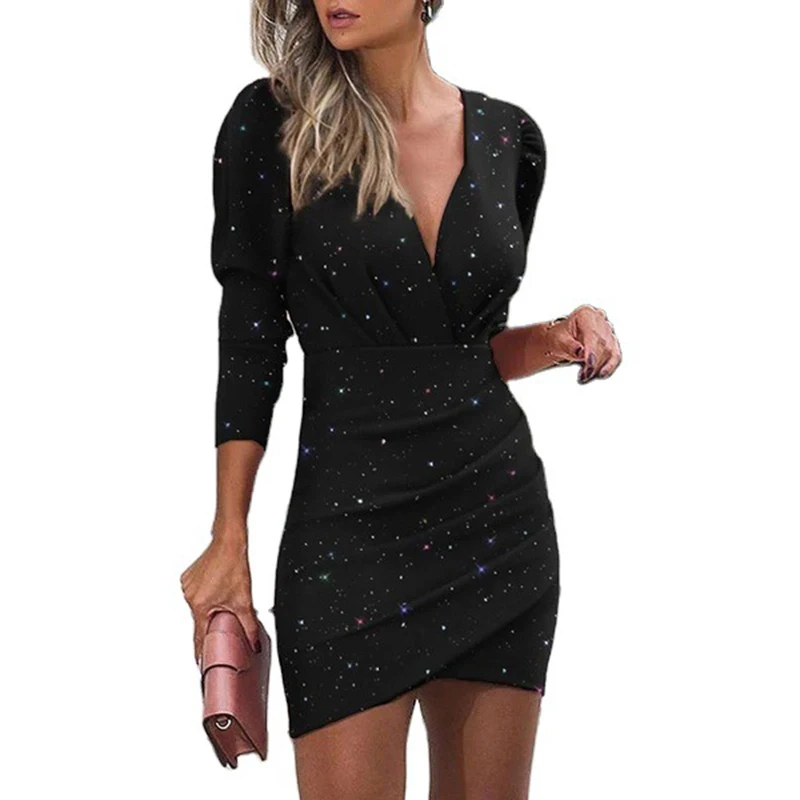 

Spring/Summer V-neck Long-sleeved Shining Fashion Irregular Hip Tight Nightclub Elegant Cocktail Party Slim Sexy Women Dress