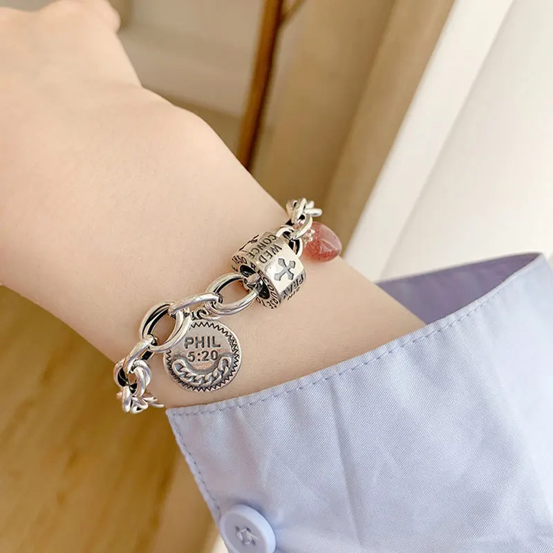 

new 925 Sterling Silver strawberry crystal English letter round brand 520 Bracelet women's simple retro versatile