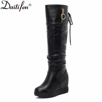 daitifen women knee high boots winter fashion boots hidden heeled metal decoration shoes zipper round toe short plush warm boots