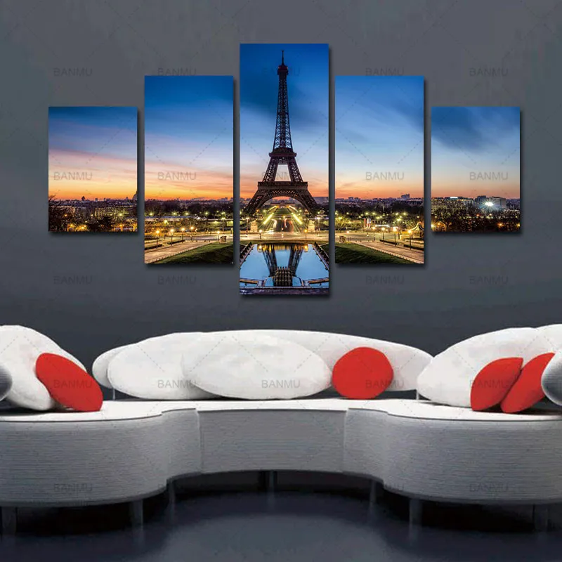 

No Framed Canvas 5Pcs Paris Eiffel Tower View Landscape Wall Art HD Posters Home Decor Pictures Living Room Decoration Paintings