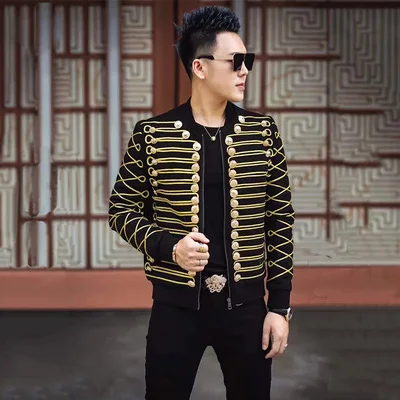100% настоящая мужская Роскошная золотая отделка шнура черная куртка в стиле