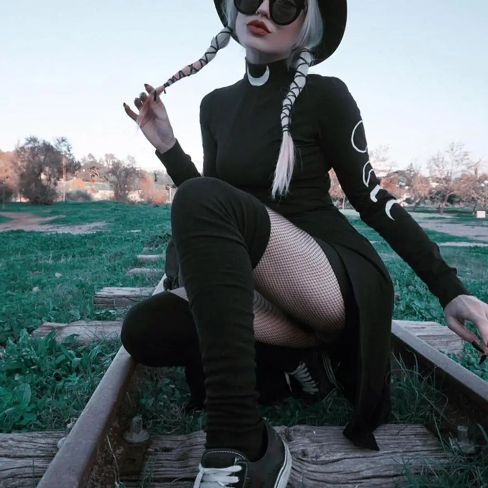 Горячее предложение женское платье черное уличное готический стиль панк луна