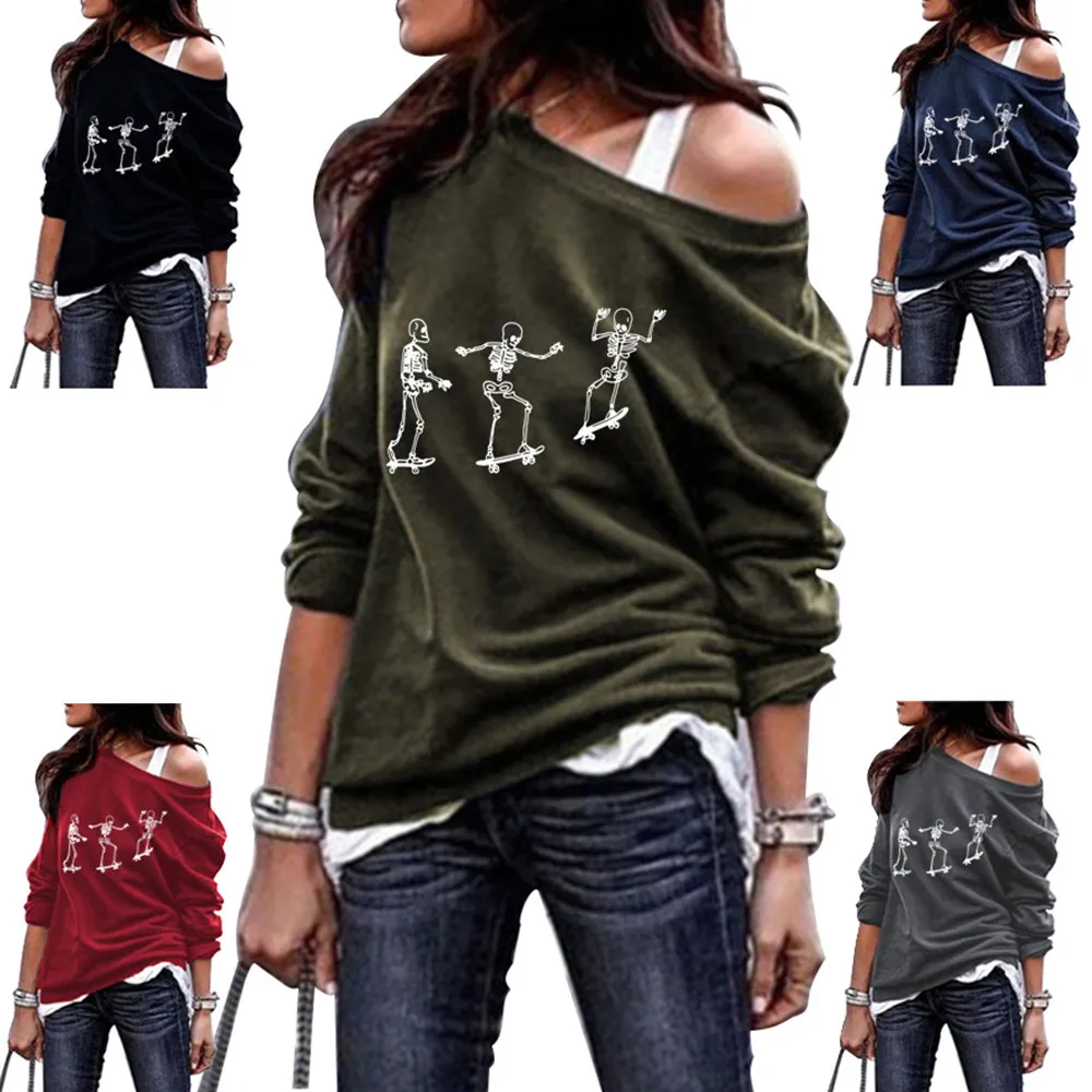 

2021 Autumn Winter Women's Round Neck Sweatshirt Halloween Skull Print Top Ladies Long-Sleeved Pullover Hoodies Ropa De Mujer