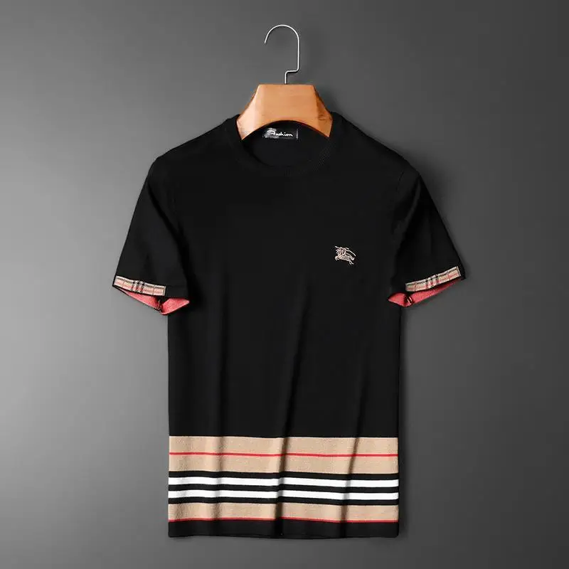 

Light luxury embroidered t-shirt men's summer thin breathable round neck stripe short sleeve sweater