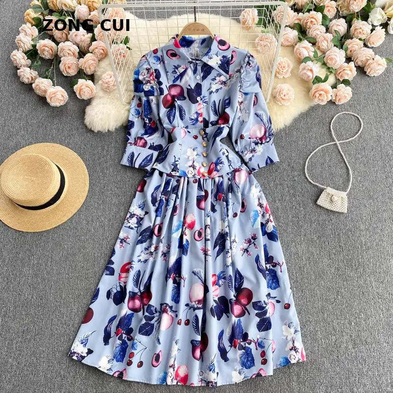 

Floral print dress women turn down collar button high waist half sleeve elegant maxi dress new autumn vestidos streetwear Robe