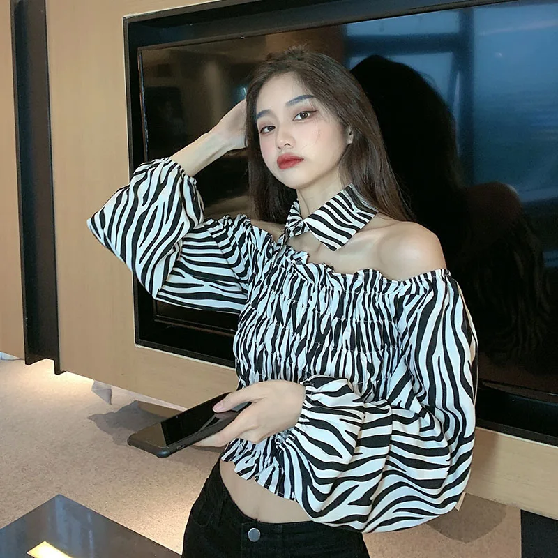 Модные женские рубашки поло на пуговицах с отворотом и принтом зебры свободная