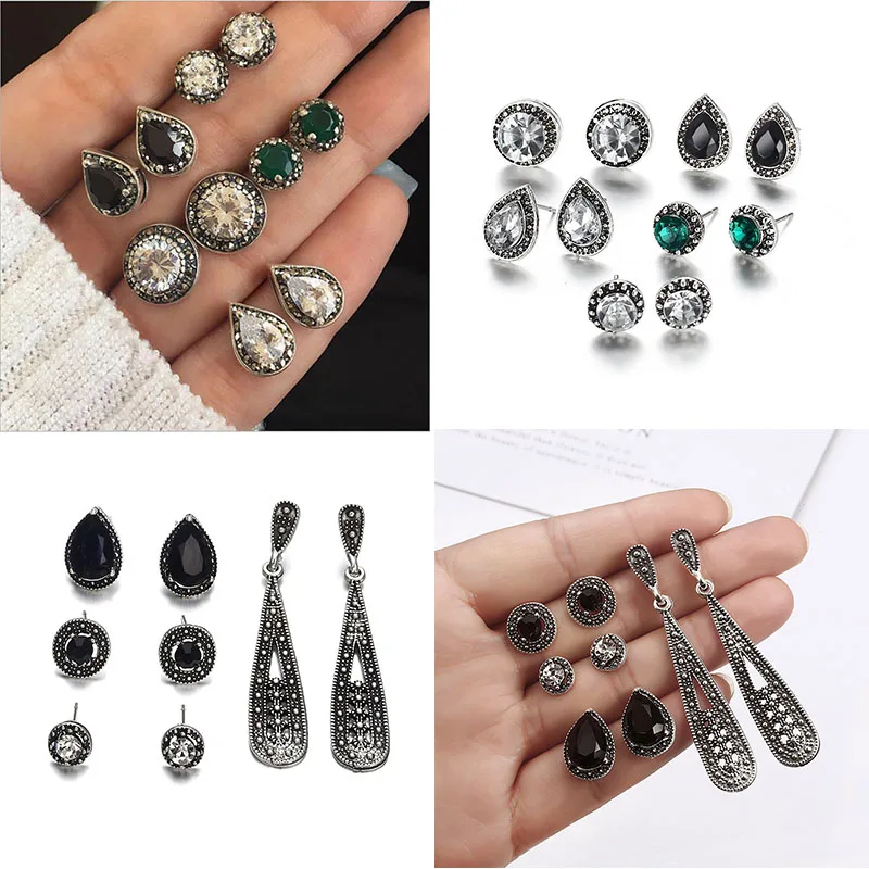 

Women Earrings Set Bohemian Stud Earrings Blue White Black Vintage Jewelry Zircon Gemstone Accessories For Women Unusual Earring